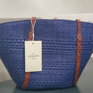 Sezane Royal Blue Woven Tote with Tan Straps
